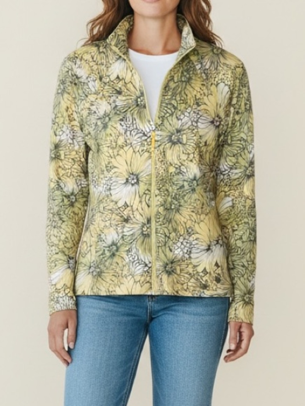 Style & Co Sport Yellow and Green Floral Full Zip Jacket Med